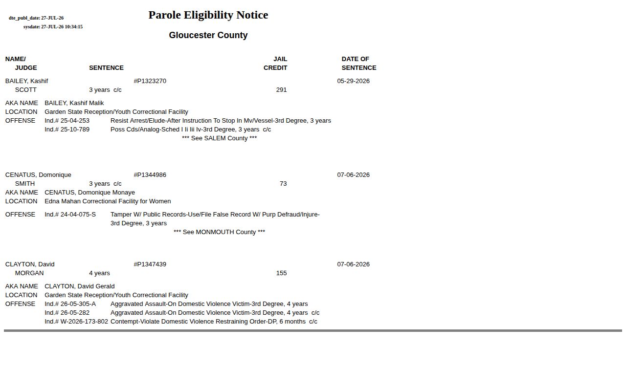 Gloucester County post-release supervision parole eligibility notice